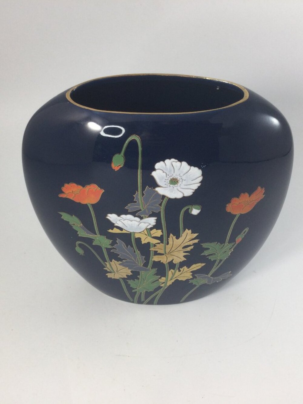 Toyo Yamaji Japan Porcelain Squat Vase Hand painted Floral Midnight Blue 6.5" H